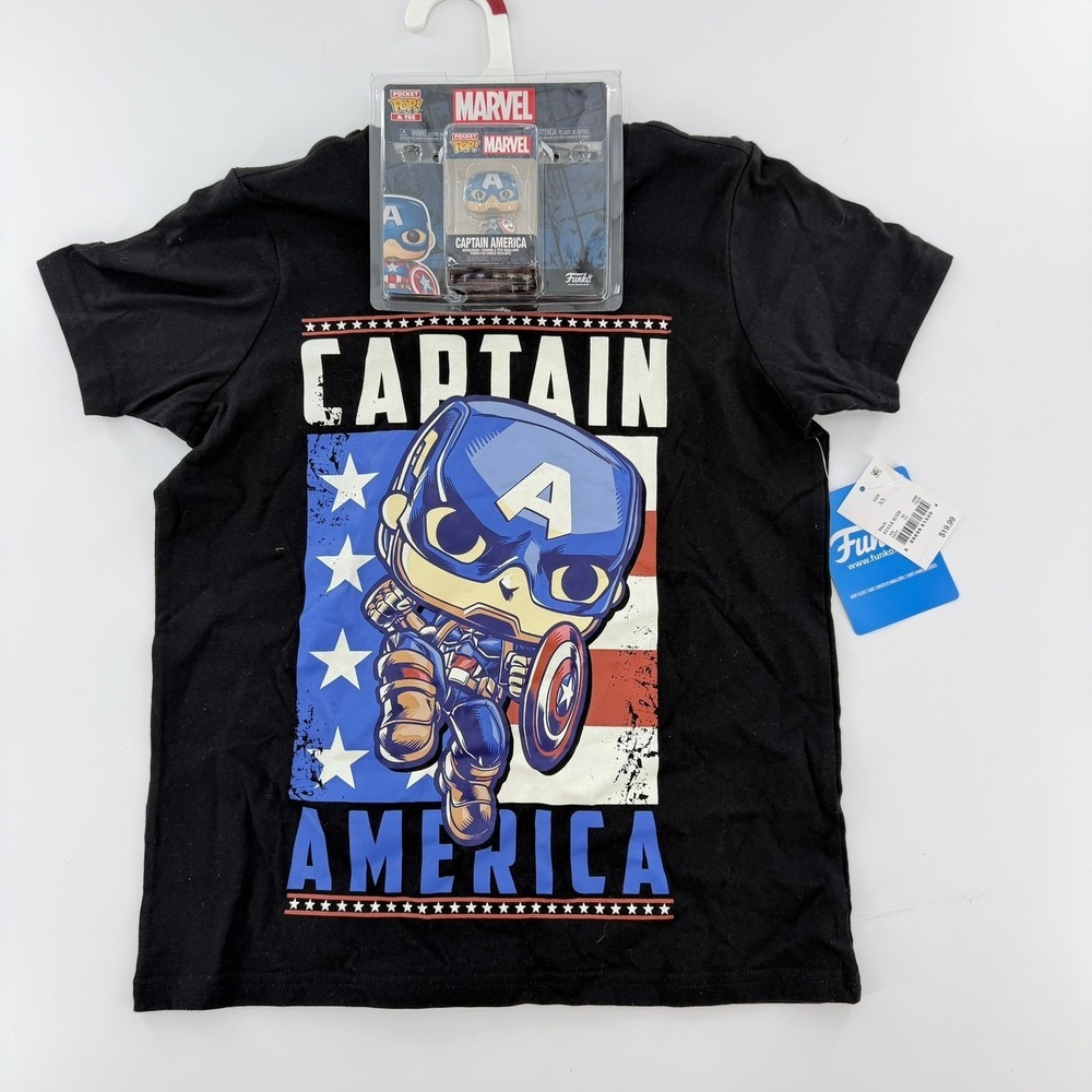 Funko Captain America T Shirt Pocket Pop Figure Set‎ Kids Size XS Black Marvel